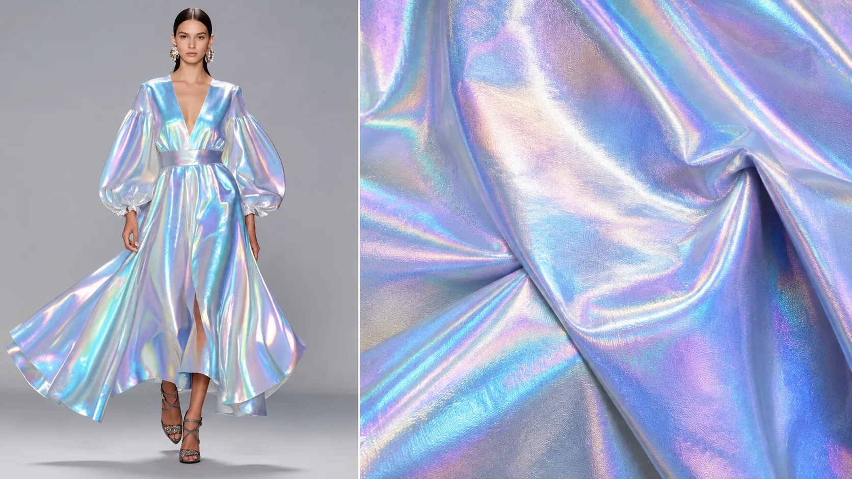 Runway model in an iridescent gown with a close-up of the laser foil fabric