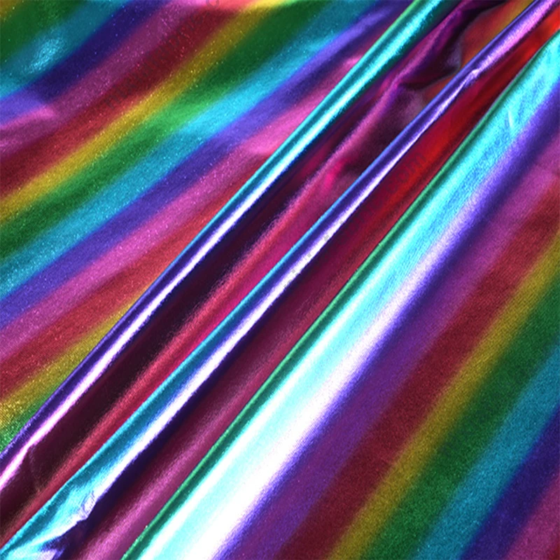 Rainbow stripe foil fabric texture for dance costume and stagewear sourcing