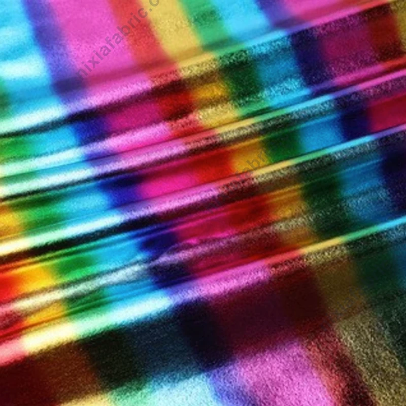 Polyester spandex stretch fabric with colorful rainbow stripe foil finish