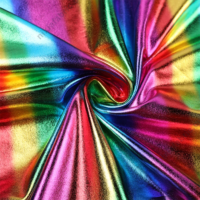 Rainbow stripe foil 4-way stretch fabric detail for performance apparel buyers