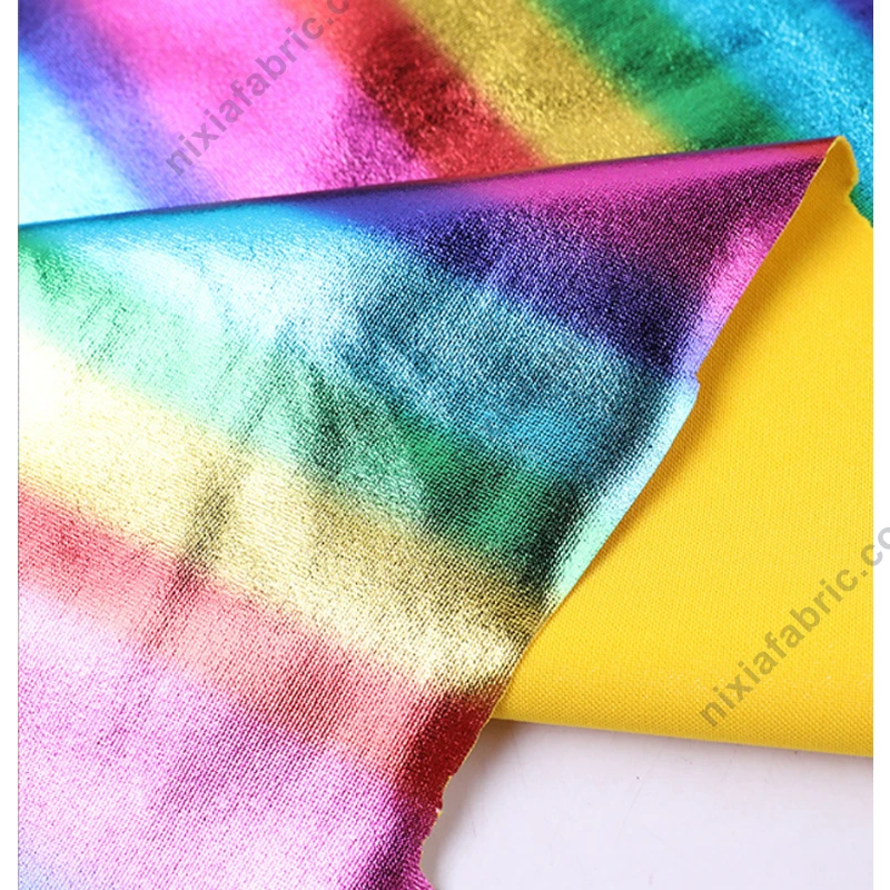 Reflective rainbow stripe foil fabric surface for carnival costume production