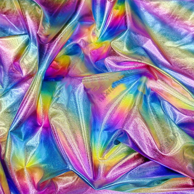 Wholesale rainbow stripe foil stretch fabric detail for US fabric buyers