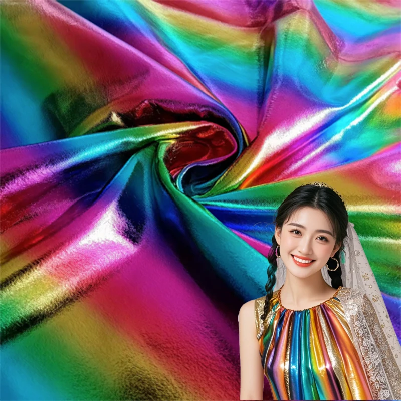 Rainbow stripe metallic foil 4-way stretch fabric for dance costumes and stagewear
