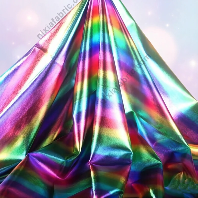 Reflective rainbow stripe foil stretch fabric drape for stage costume production