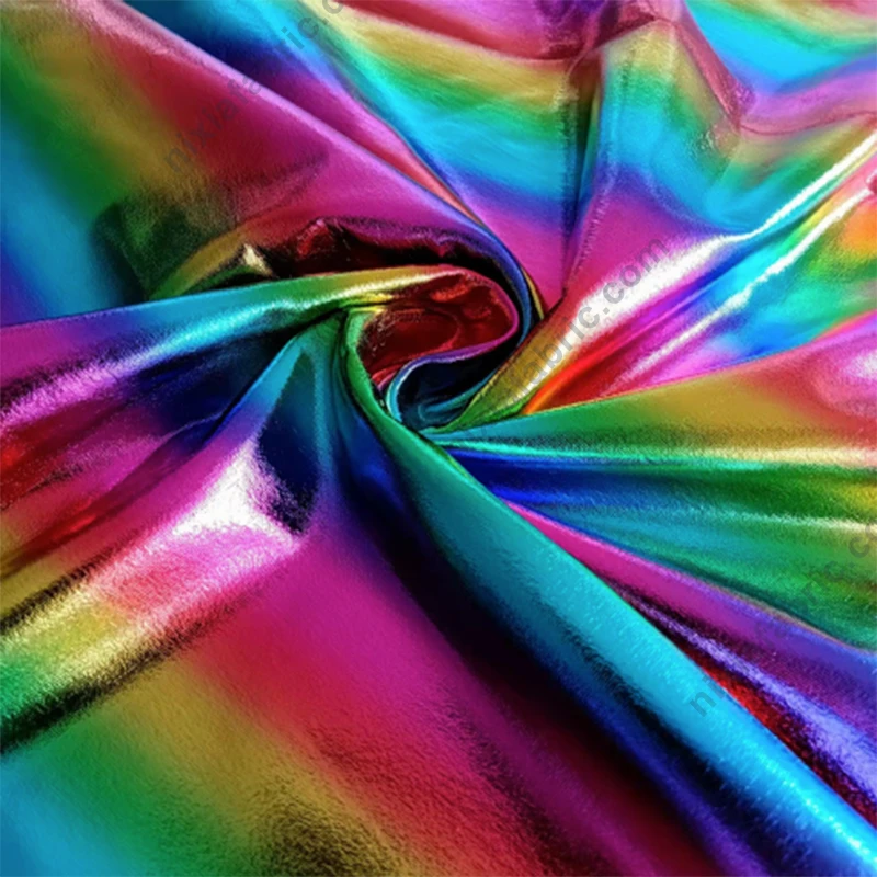 Colorful rainbow stripe foil fabric surface with 4-way stretch for performance apparel