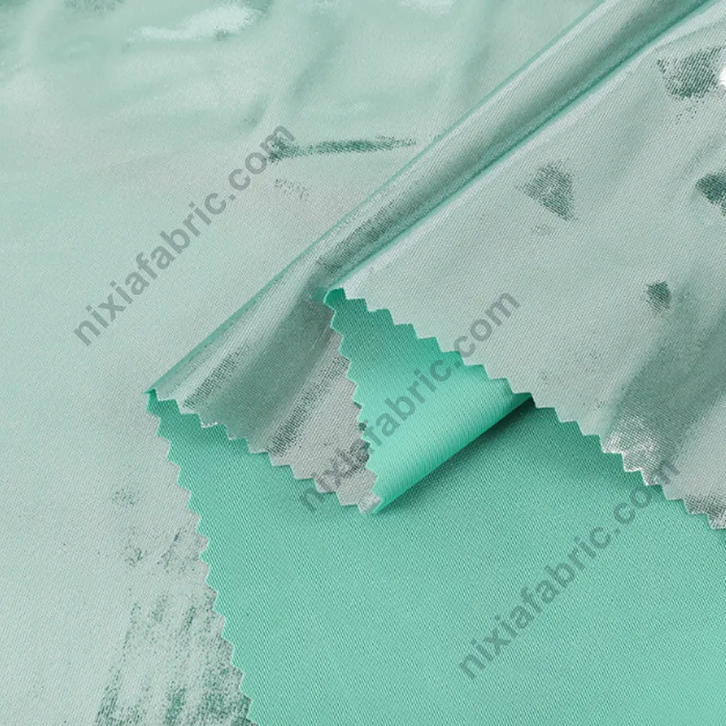 Shiny foil knit fabric detail for apparel manufacturer sourcing