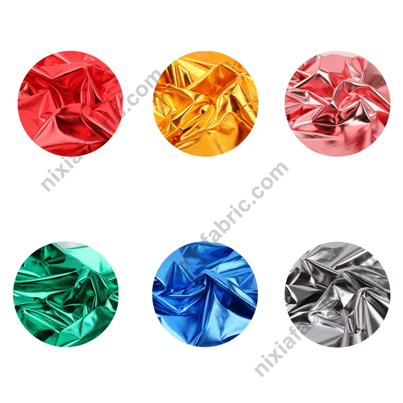 Close-up of shiny foil stretch knit fabric for dancewear sourcing