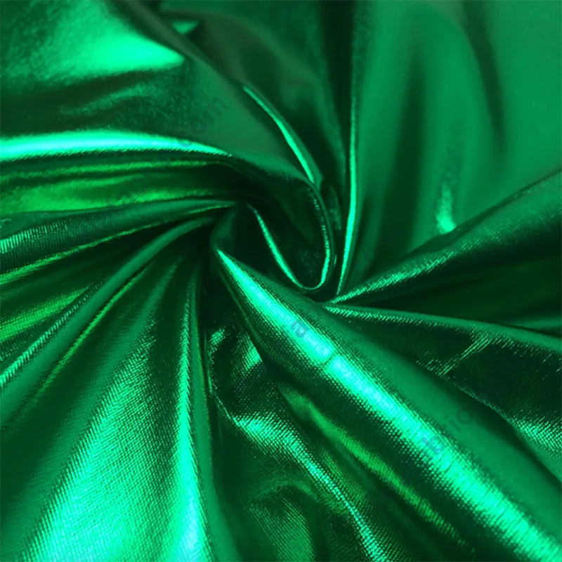 Close-up of shiny foil texture on lightweight stretch knit fabric