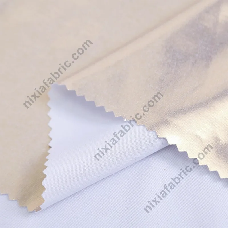 Foil-finished 4-way stretch knit fabric detail for apparel manufacturers