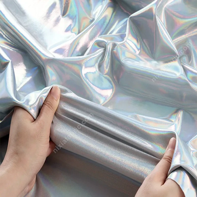 Reflective iridescent laser foil stretch fabric surface for stage costumes
