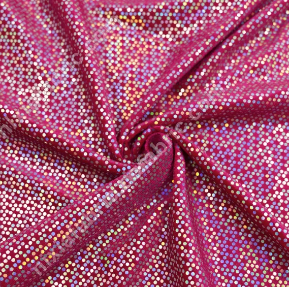 Rainbow dot laser foil knit fabric detail showing reflective dot surface
