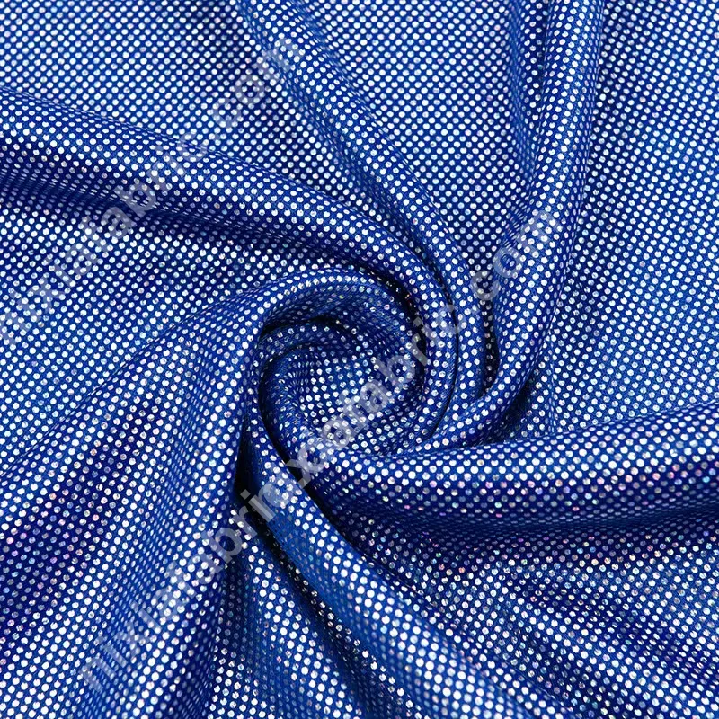 Rainbow dot foil knit fabric close-up for dance costume production