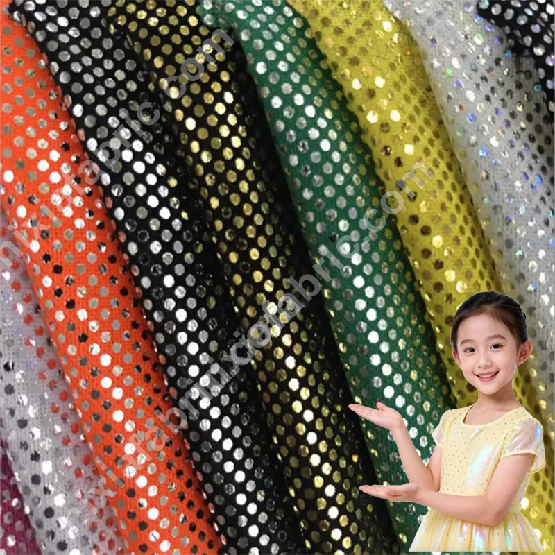 Rainbow dot laser foil knit fabric color options for costume production