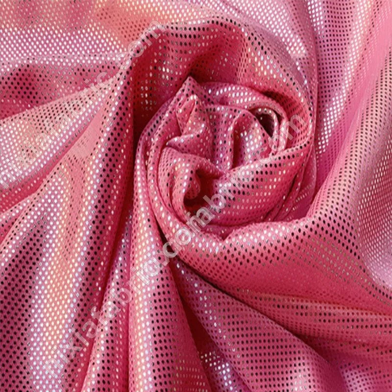 Pink rainbow dot laser foil knit fabric for stage costumes and dancewear