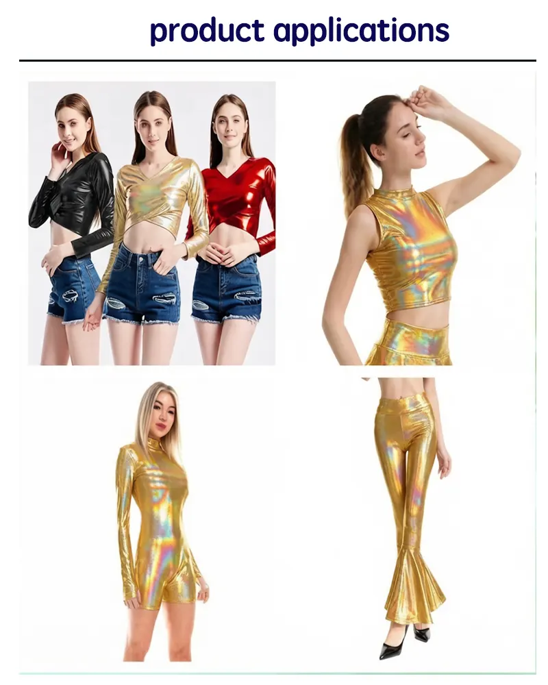 Rainbow iridescent laser foil 4-way stretch fabric application for bodysuits and swimwear design