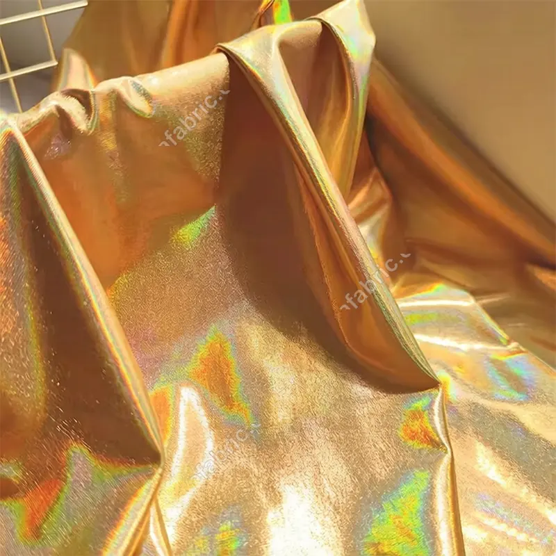 Reflective rainbow laser foil fabric surface for bodysuit and swimwear sourcing