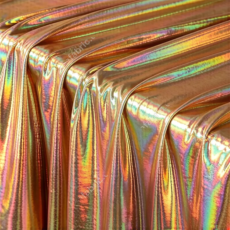 Rainbow iridescent laser foil fabric detail for supplier sample comparison