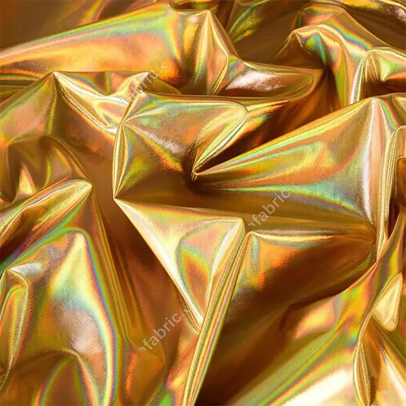 Rainbow iridescent laser foil fabric close-up for color and surface detail