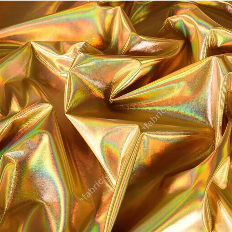 Rainbow iridescent laser foil stretch fabric drape with glossy color-shifting surface