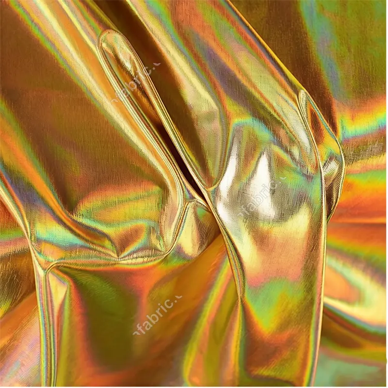 Close-up of rainbow iridescent laser foil surface on 4-way stretch fabric