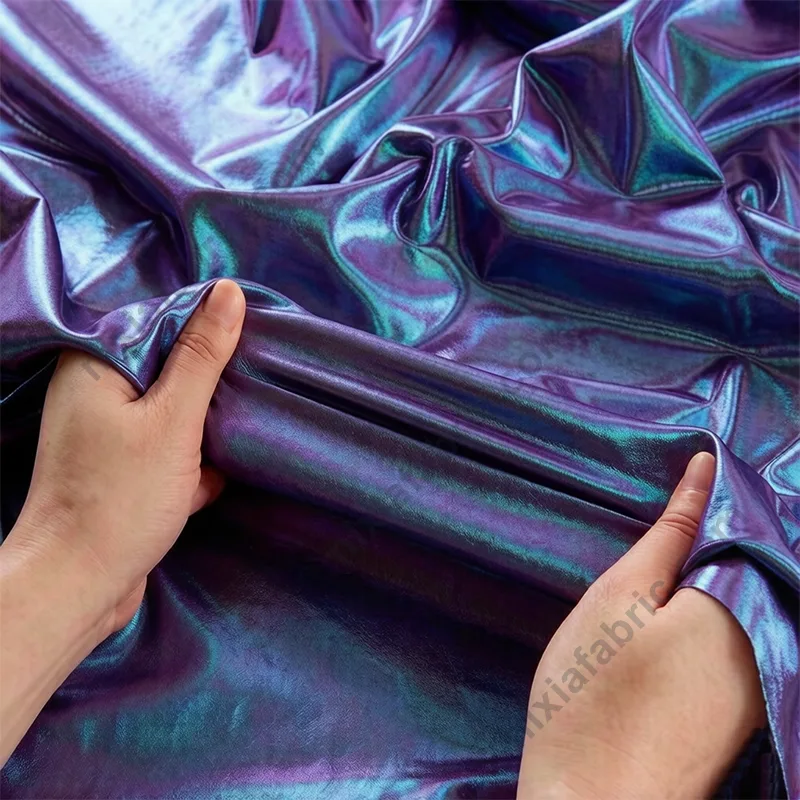 Blue-purple gradient stretch foil fabric detail for dancewear production