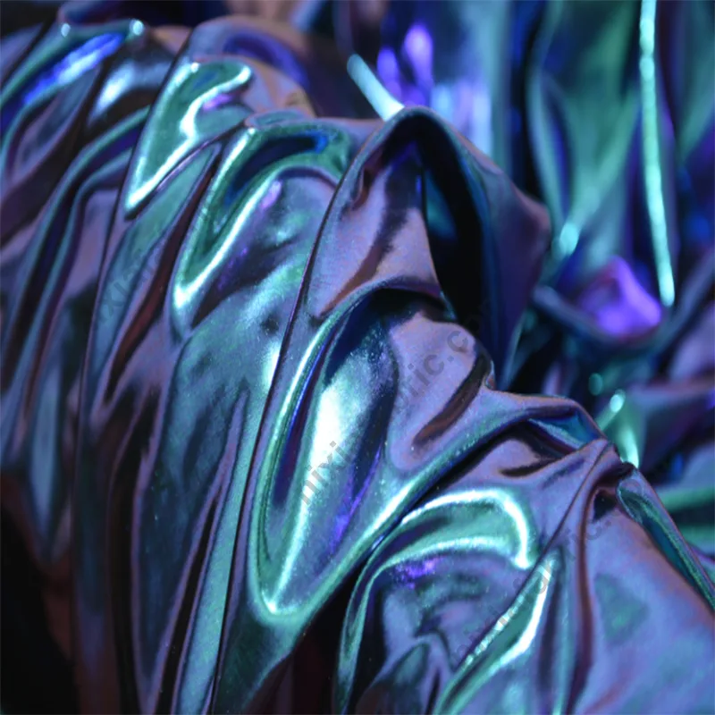 Blue-purple gradient foil fabric detail for performance apparel buyers