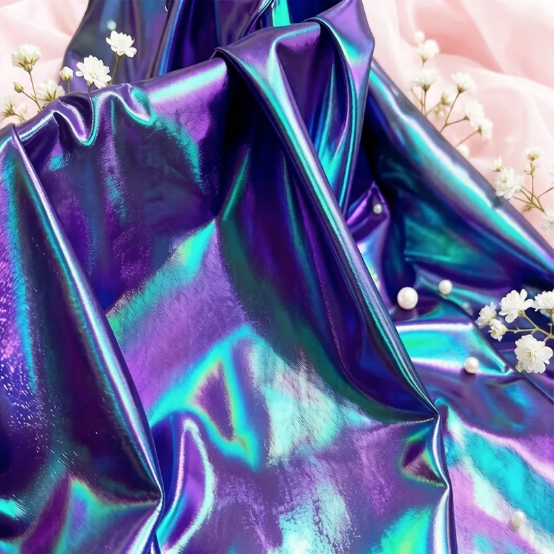 Blue-purple gradient laser foil 4-way stretch spandex fabric for stage costumes