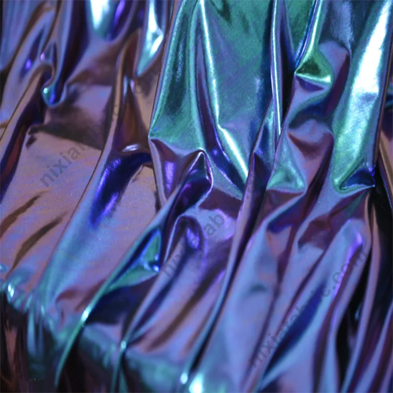 Blue-purple gradient laser foil stretch fabric surface detail for dancewear