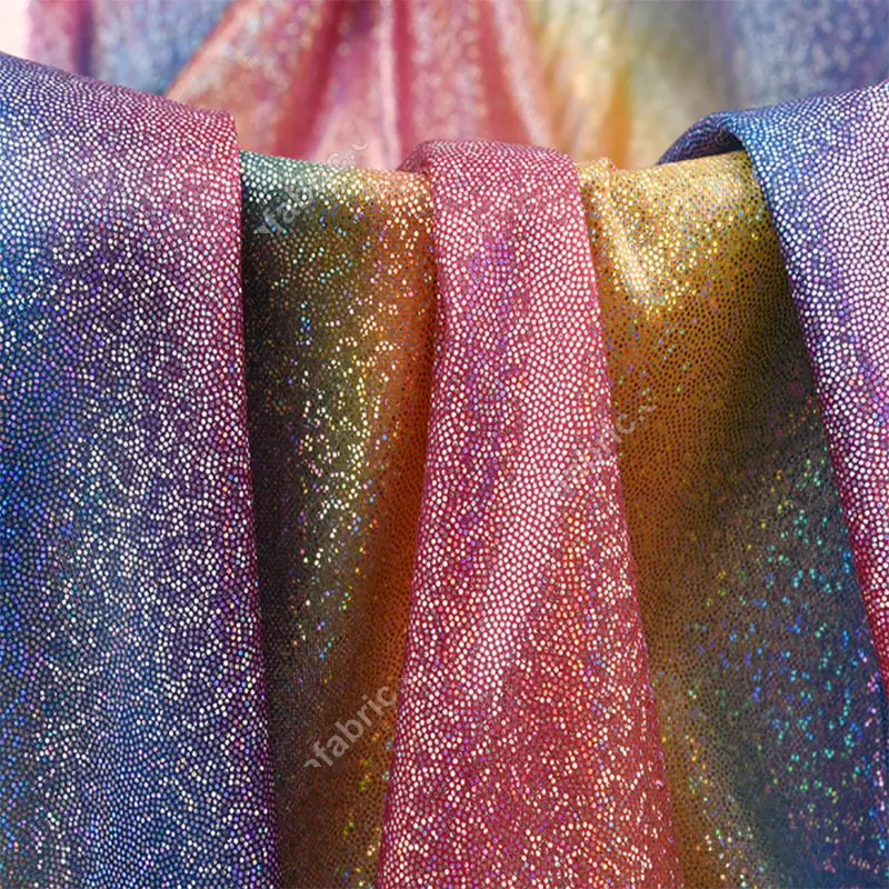 Gradient rainbow foil dots on knit fabric for stage costume sourcing