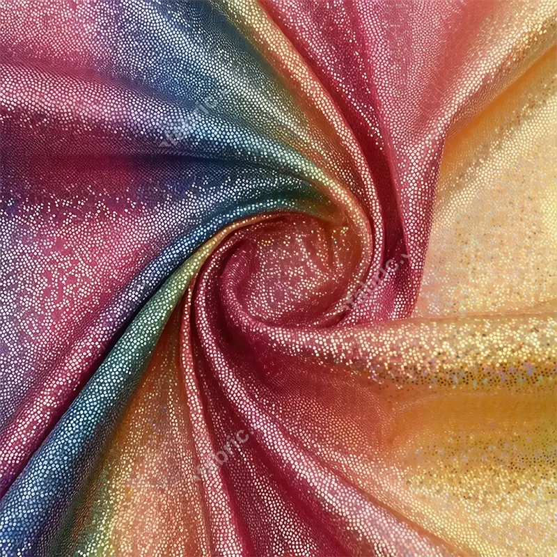 Gradient rainbow dot foil knit fabric drape for dancewear and costume production