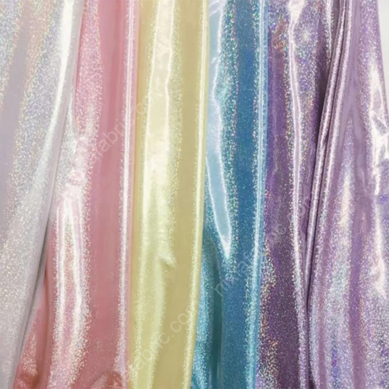 Stretch knit fabric with rainbow fingerprint dot foil finish