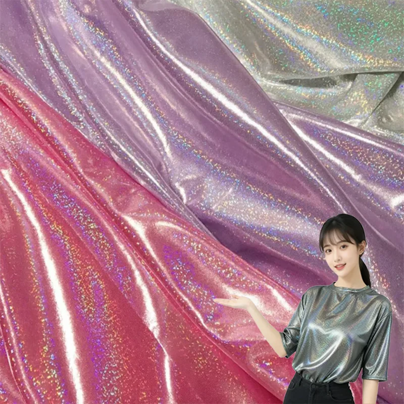 Rainbow fingerprint dot foil stretch knit fabric for dresses, tops and dancewear