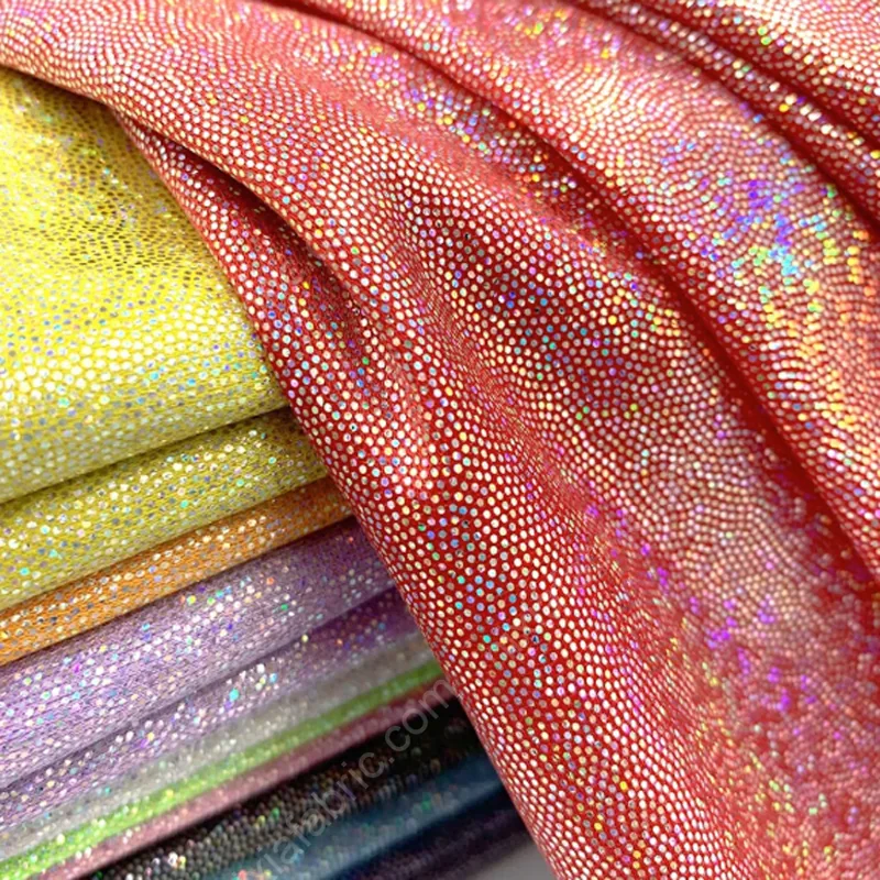 Rainbow fingerprint dot foil stretch fabric color stack for apparel buyers