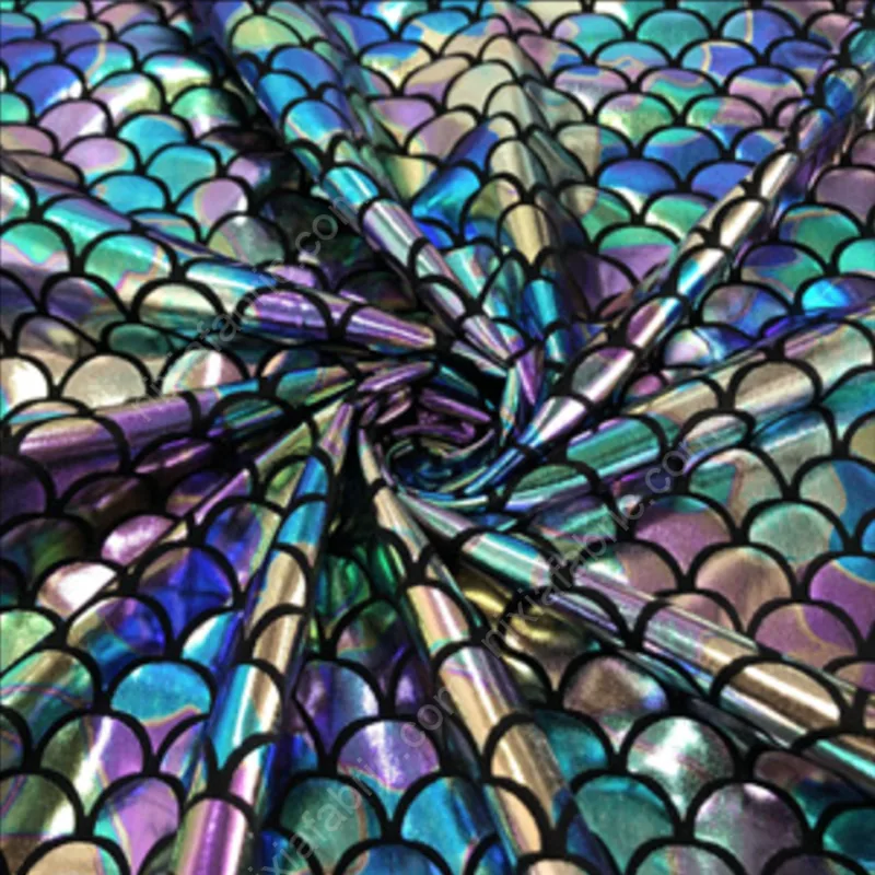 Reflective mermaid scale foil surface on polyester spandex milk silk base