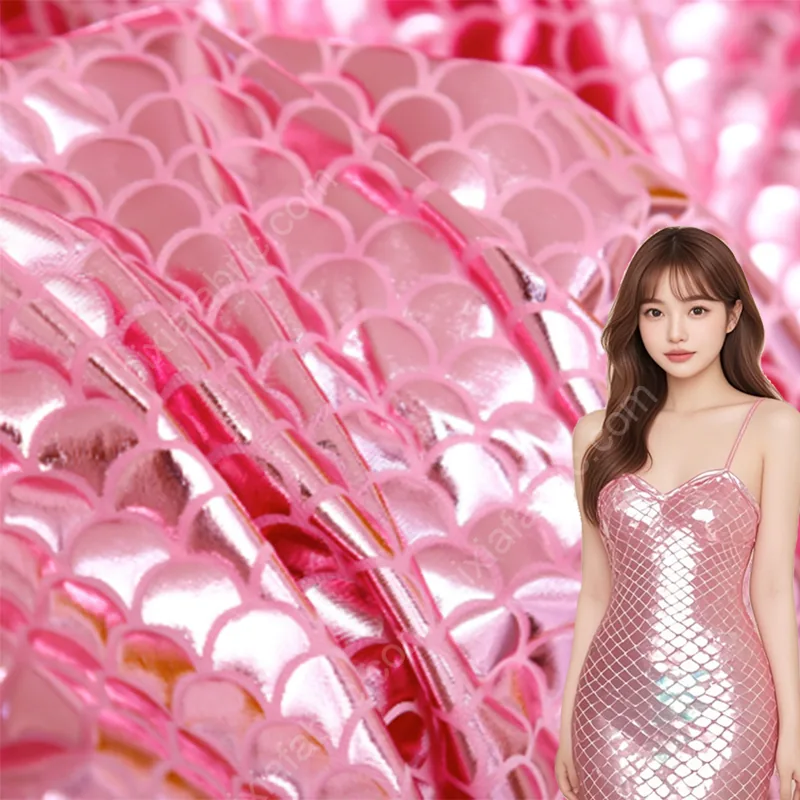 Pink holographic mermaid scale stretch fabric with reflective foil surface for dancewear