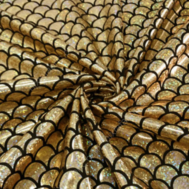 Gold holographic mermaid scale milk silk stretch fabric for mermaid skirts and costumes