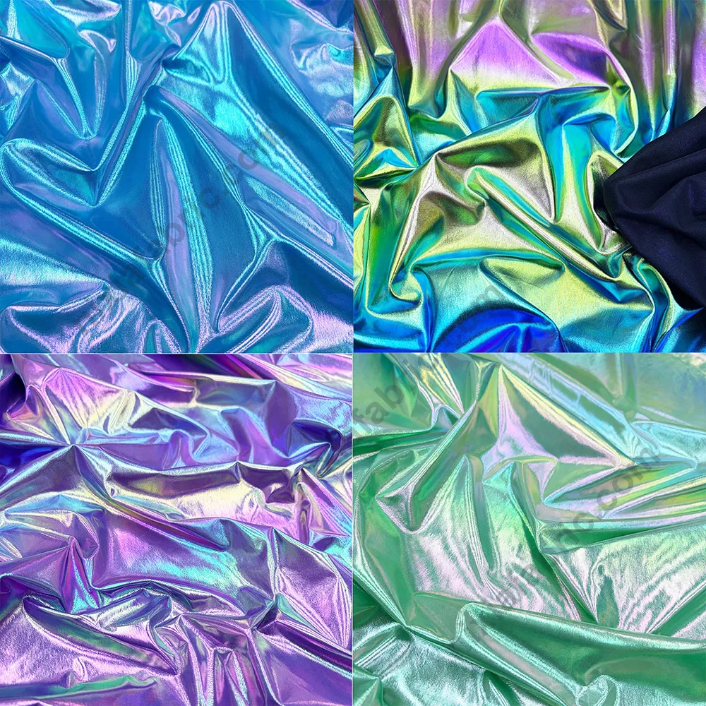 Close-up of ombre gradient laser foil surface on stretch ice-silk fabric