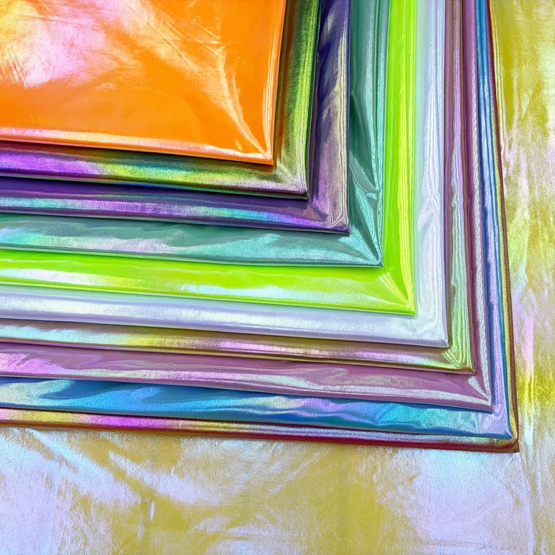 Ombre gradient iridescent foil stretch fabric drape for stage costumes