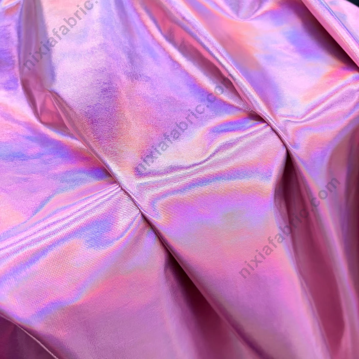 Wholesale iridescent laser foil 4-way stretch fabric detail for US buyers