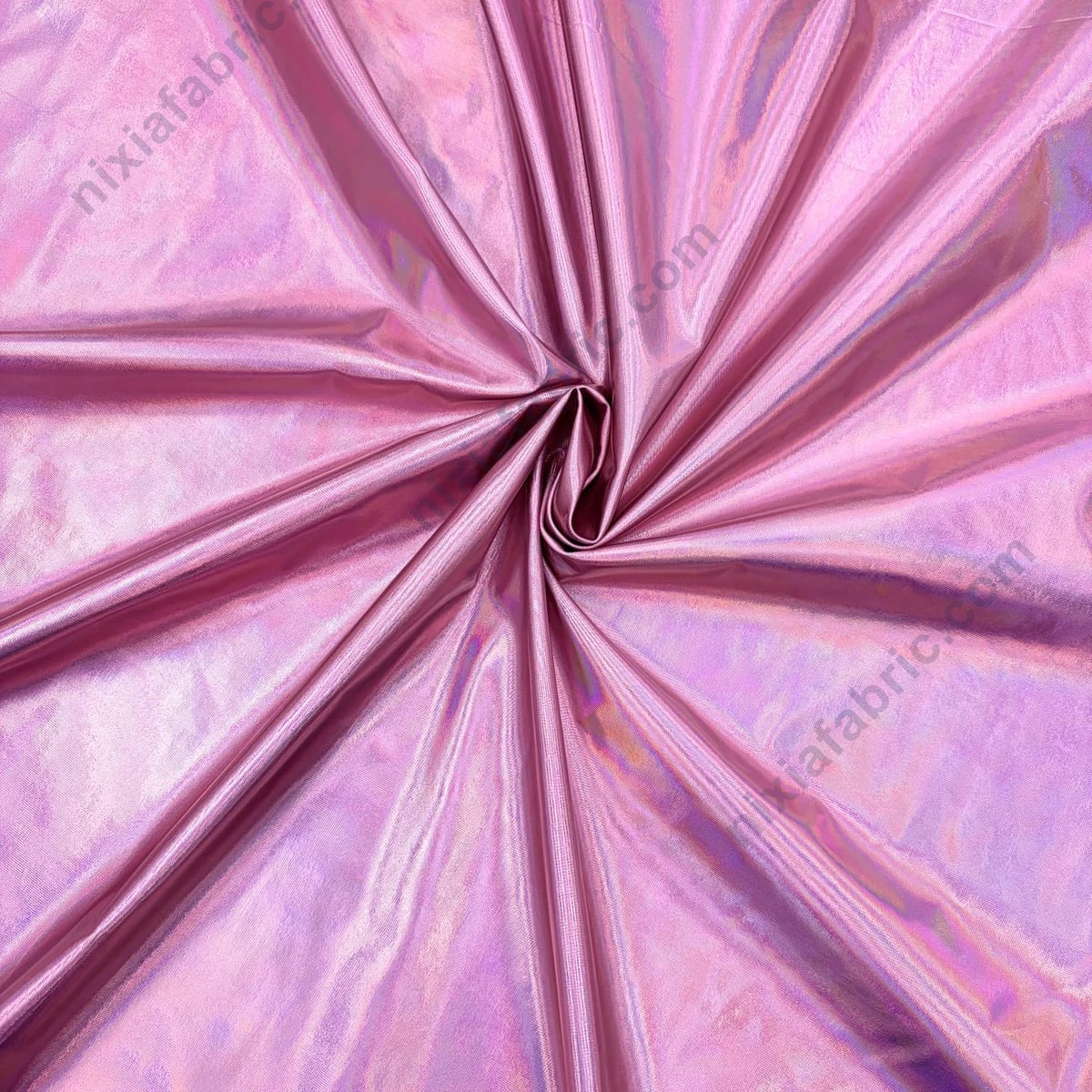 Iridescent laser foil 4-way stretch fabric gathered to show stretch and drape